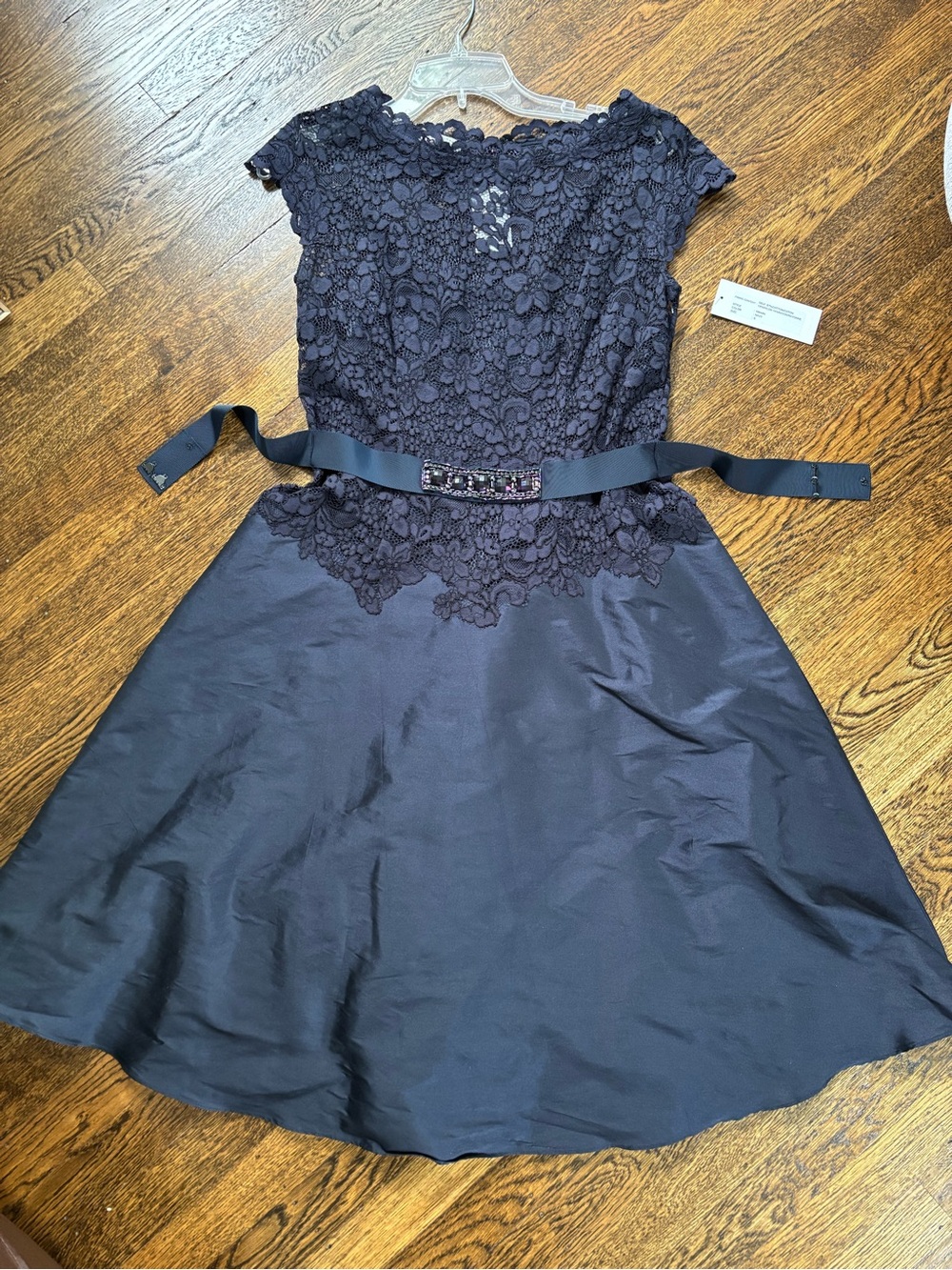 Rickie freeman for Teri Jon Women’s Navy Lace Fit-and-Flare Dress with Belt